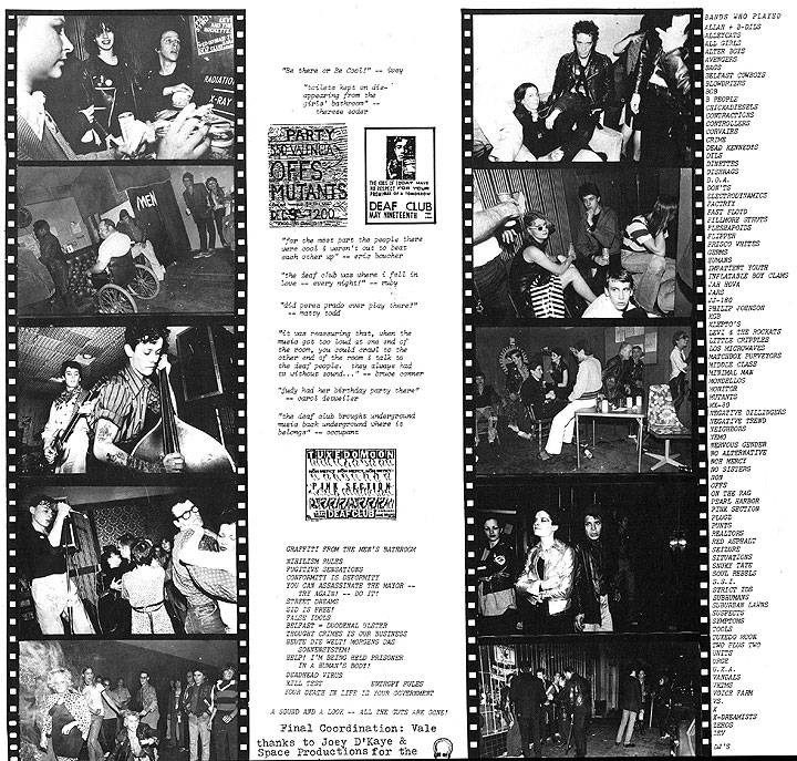 A scanned sheet of liner notes and photos from a punk rock show at the Deaf club.
